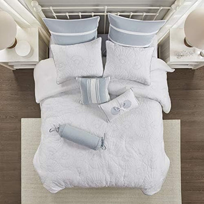 Harbor House Cotton Comforter Set-Coastal Oceanic Sealife Design All Season Down Alternative Bedding with Matching Shams, Bedskirt, Queen(92"x96"), Beach, Quilted Seashell White, 4 Piece