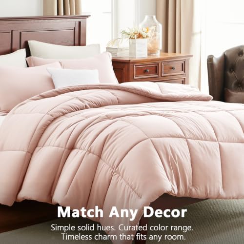 CozyLux King Size Comforter Set, 3-Piece Box-Stitched, Blush Pink