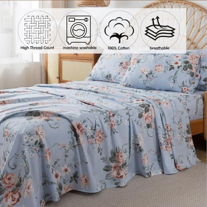 FADFAY Twin XL Floral Sheets for College Percale Cotton Pink Roses and White Small Flowers Pattern Bed Sheet Shabby Vintage Countryside Chic Bedding Dorm Room Deep Pocket Fitted Sheet, 4Pcs