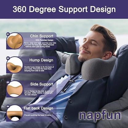 napfun Neck Pillow for Travel, Memory Foam Airplane Pillow, Dark Gray
