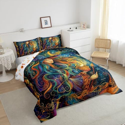 Magical Witch Kids Comforter Set Twin Size,Star Moon Starry Sky Galaxy Trippy Bedding Set,Girls Boys Room Decor,Happy Halloween Gothic Western Quilt Comforter,Colorful Duvet Insert,1 Pillowcase