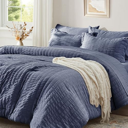 Queen Comforter Set 7 Piece, Greyish Blue Bed in a Bag Queen Bedding Sets