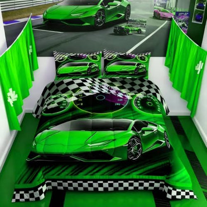 Feelyou Green Racing Car Bedding Set for Kids Boys Girls Toddler Size Extreme Sports Comforter Set Teen Adult Ultra Soft Speed Sports Car Comforter Cool Car Duvet Quilt Bedroom Decor Race Car Quilt