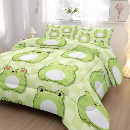 Nttopship Cartoon Frog Comforter Bedding Set with 2 Pillowcase Full Size Cute Animals Comforter Set for Kids Boys Girls Bedroom Decor
