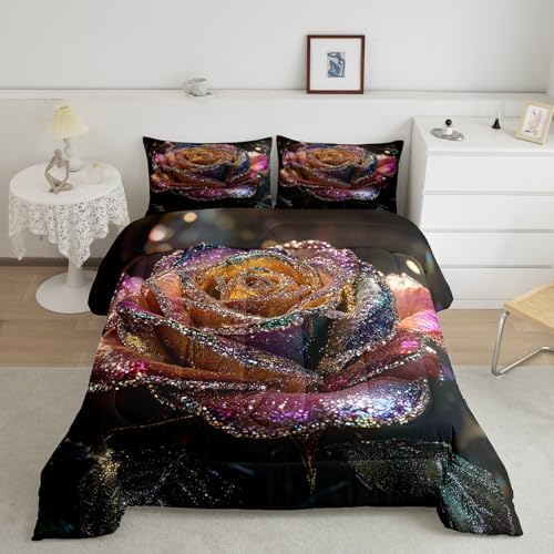 jejeloiu Glitter Rose Comforter Set Queen Size Kids Floral Flower Bedding Set for Boys Girls Teens Garden Flower Duvet Breathable Romantic Quilt Bedroom Decor,1 Comforter with 2 Pillowcase