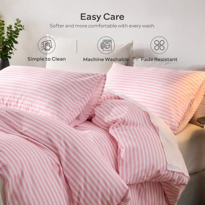 JELLYMONI 100% Cotton Printed Striped Cal King Duvet Cover Set, Pink