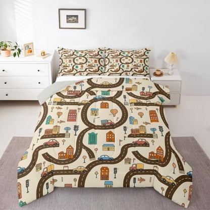 Erosebridal Cartoon Car Comforter Set Queen Cityscape City Car Bedding Set Funny House Building Road Map Comforter for Kids Boys Girls Modern Transportation Vehicle Quilt Duvet
