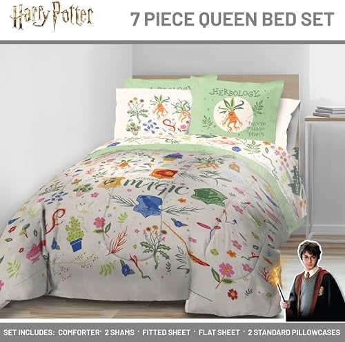 Harry Potter Queen Comforter Set 7 Piece Soft Floral Bedding, Multi