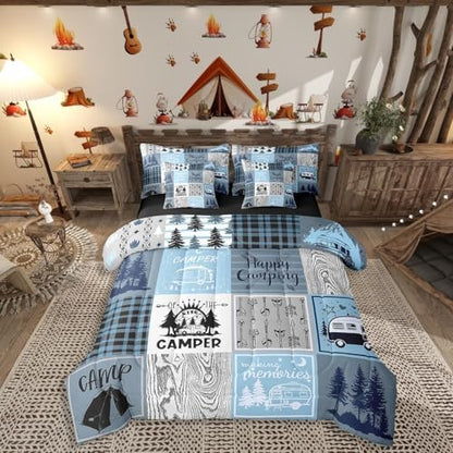 Erosebridal Kids Camper Comforter Set 7 Piece Twin Happy Camping Bed in A Bag Rv Bunk Accessories Bedding for Travel Trailers,Blue Grey Rustic Buffalo Plaid Arrow Pine Tree Bed Set for Boys Girls