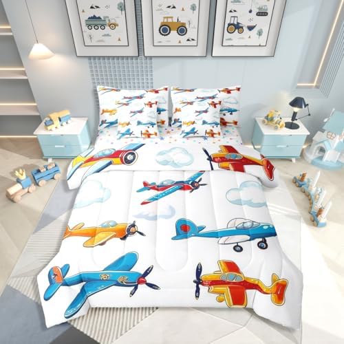 Erosebridal Colorful Aircraft Comforter Set with Sheets King Size, Cartoon Propeller Plane Airplane 7 Pcs Bedding Set, Aviation Theme Bed in A Bag for Boys Kids Girls Adults, White Cloud Bed Sets