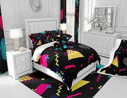 Manfei Memphis Comforter Set Full Size, Retro 80s 90s Geometric Fashion Style Bedding Set 3pcs for Kids Boys, Triangle Circle Vintage Quilt Set Soft Polyester Duvet Set with 2 Pillowcases