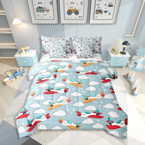 Erosebridal Cartoon Airplane King Size Comforter Set with Sheets for Kids, Cute Aircraft 7 Pcs Bedding Set for Boys Girls Child Teens Adults Bedroom, White Cloud Bed in A Bag, Star Print Bed Sets
