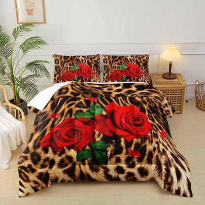 Red Rose and Leopard Print Comforter Set King (1 Comforter,2 Pillowcases),Rose Flower Cheetah Pattern Bedding Set for Boys Girls,Soft Microfiber Floral Quilt Set,Bedroom Decor,All Season