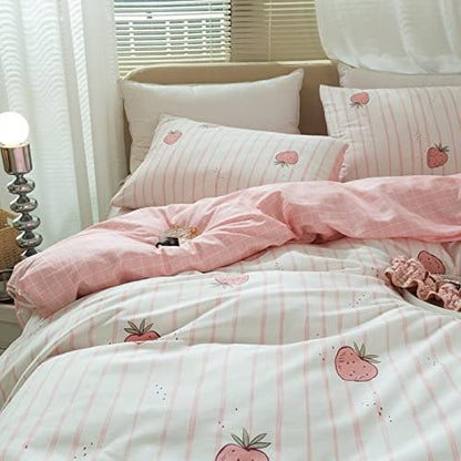 LifeTB Cute Strawberry Duvet Cover Full Size 3 Pieces Fruit Bedding Set Reversible Pink Plaid 100% Cotton Quilt Cover with Zipper Closure Kids Kawaii Pink Strawberry Comforter Cover for Girls Women