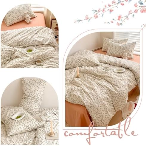 Boho Floral Duvet Cover Twin XL Aesthetic Cotton Floral Bedding Set Off White Vintage Garden Floral Comforter Cover Pink Flower Botanical French Style Duvet Cover Cottagecore Bedding Set Twin XL