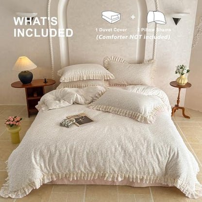 VM VOUGEMARKET Ruffle Duvet Cover Set Twin,Vintage Garden Floral Duvet Cover with 2 Pillow Shams,Double-Layer Gauze Cotton Bedding Set,Comfy,Breathable & Lightweight for Girls-68 x86