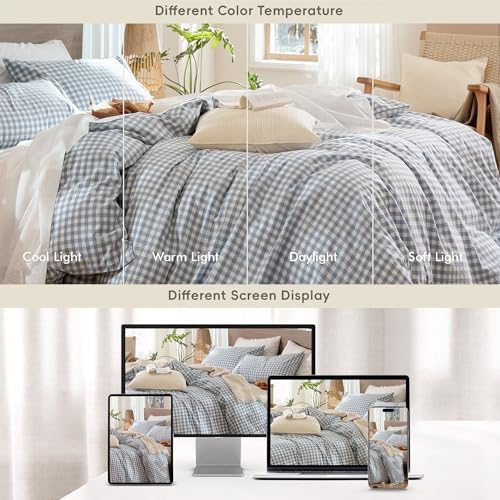 MooMee Gingham Duvet Cover Set 100% Washed Cotton Linen Like