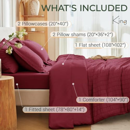 MUXHOMO 7 Pieces King Comforter Set, Seersucker Bed in a Bag King Size, All Season Luxury Bedding Set with Comforter, Flat Sheet, Fitted Sheet, Pillowcases & Shams, Burgundy