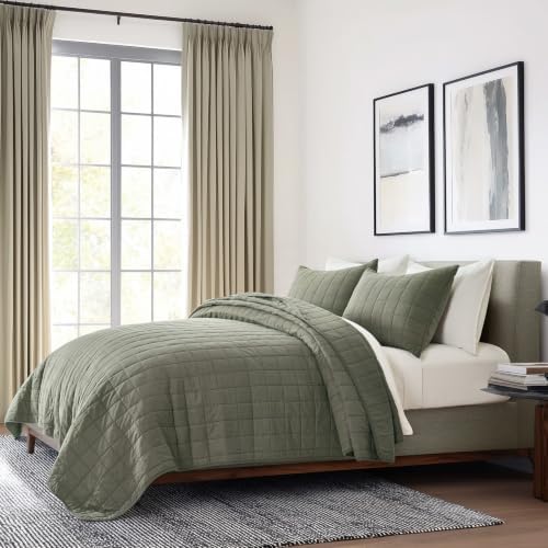 EVERGRACEHOME 100% Cotton Box Stitch Quilt Set, Oversized King, Olive Green