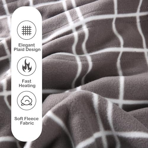 Electric Heated Blanket Queen Size 84"x90", Dual Controllers & Heating Zones, Soft Fleece for Bed, 10 Hs Auto Off & 4 Heating Levels, Machine Washable, Gifts for Womens-Plaid Pattern, Light Gray