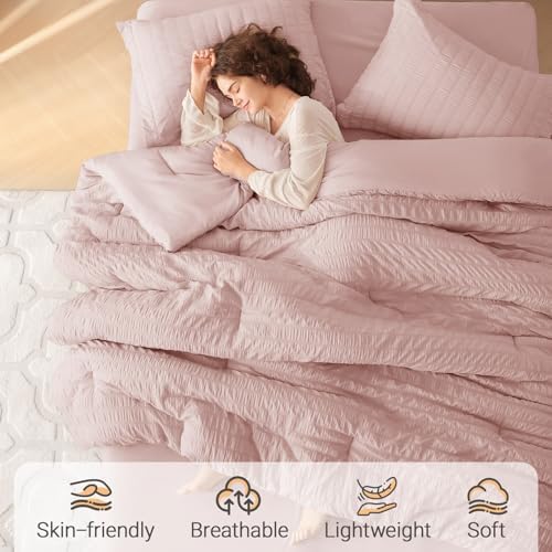 MUXHOMO 7 Pieces Oversized King Comforter Set, Seersucker Bed in a Bag Oversized King Size, All Season Luxury Bedding Set with Comforter, Flat Sheet, Fitted Sheet, Pillowcases & Shams, Rose Gold