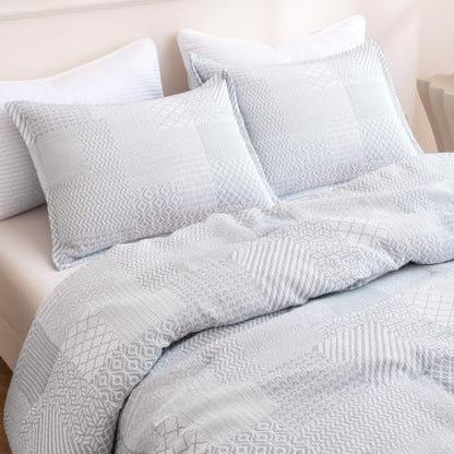SLEEP ZONE Comforters Full Set, Modern Plaid Bedding Set Blue 3 Pcs