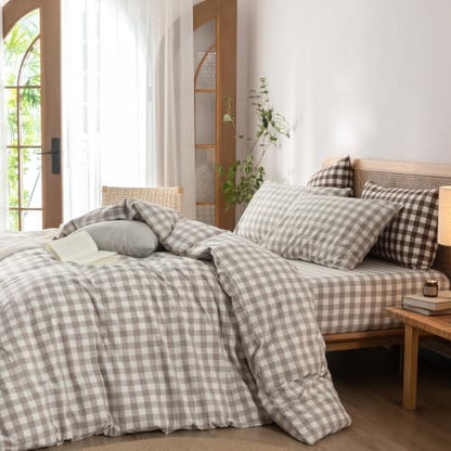 BESTOUCH Gingham Cotton Duvet Cover Set Linen Grey Oversized Full