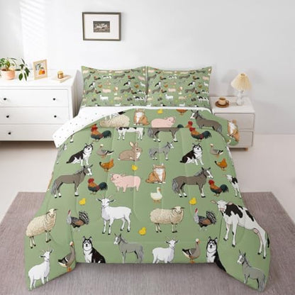 Feelyou Green Farm Animal Comforter Set Toddler Size Cute Animal Bedding Set for Kids Boys Girls Farm Theme Duvet Quilt Cartoon Bedroom Decor 2 Pcs with 1 Pillow Cases