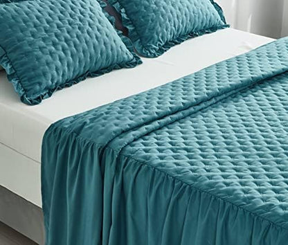 CHIXIN Ruffle Skirt Bedspread King Size - 30" Long Drop, Shabby Chic Style, Lightweight Bedding Cover, 3 Piece Set, Lagoon