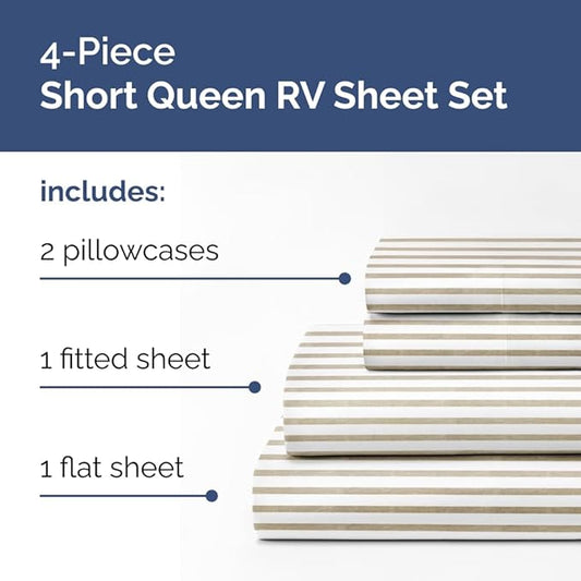 RV Short Queen Sheet Set 60 X 75 - 4 Piece RV Short Queen Bed Sheets - Soft, Breathable & Cooling - Designed for Bunks, Trailers & Campers - Fits 8” to 12" Mattress - Luxury Bedding - Beige Stripes 2