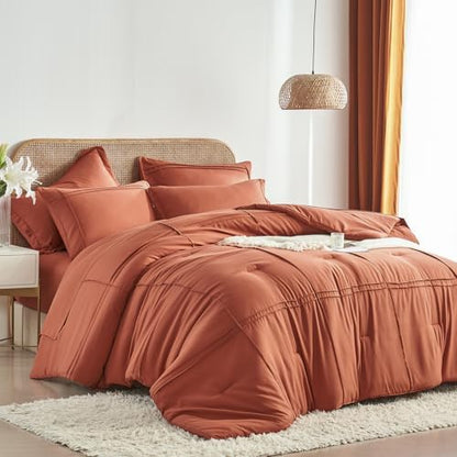 Yogeneg Queen Comforter Set 7 Piece Bed in a Bag,Grid Pinch Pleat Terracotta Bedding Set,Striped Textured Soft Microfiber Comforter with Sheet Set,All Season Complete Bed Set(Terracotta,Queen)