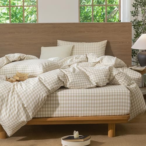 MooMee Gingham Duvet Cover Set 100% Washed Cotton Linen Like