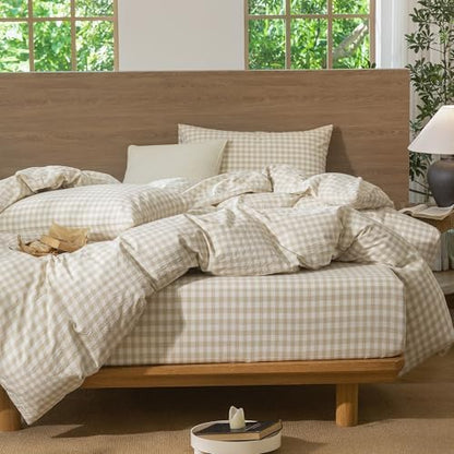 MooMee Gingham Duvet Cover Set 100% Washed Cotton Linen Like