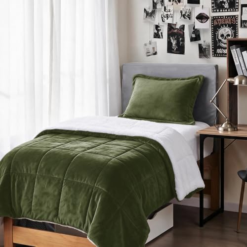 Sherpa Comforter Set Twin XL Size, Olive Green Bedding Set with Sham