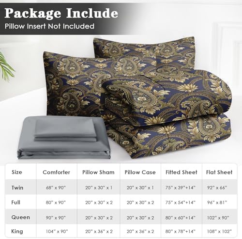 WeCozy Queen Comforter Set with Sheets, 7 Pieces Paisley Vintage Bedding