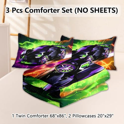 3 Pcs Boys Twin Car Bedding Sets for Teens, Green Purple Lightnings Car Twin Comforter Set for Boys