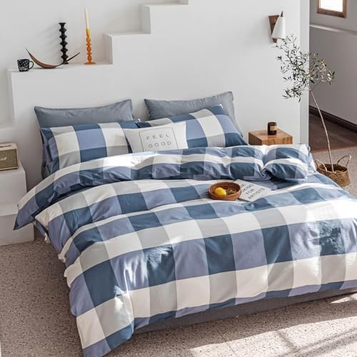 mixinni Twin XL Comforter Set Soft Fluffy Modern Style Checkered Pattern Comforter for Boys Mens, 1 Blue White Grey Geometric Comforter and 2 Pillowcases, All Seasons-Twin XL Size