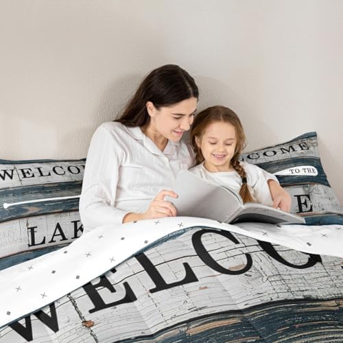 Manfei Lake House Comforter Set Queen Size, Rustic Farmhouse Bedding Set 3pcs, Navy Blue Grey Wooden Plank Down Comforter for All Season, Kids Boys Teens Room Decor, 2 Pillowcases, No Sheets