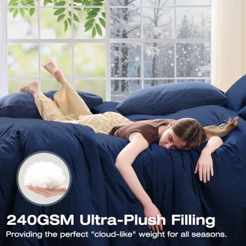 Sasttie King Comforter Set 7-Piece Navy Blue, Pre-Washed Bed in a Bag