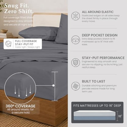 ZOYER 100% Cotton Sheets – King Size Percale Bedding, Cooling & Breathable, Durable with a Crisp, Soft & Comfortable Feel, 16" Deep Pocket, 4-Piece Set, Smoked Pearl