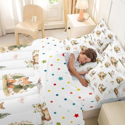Erosebridal Woodland Animals 7 Piece Comforter Set Twin Kawaii Deer Squirrel Bed in A Bag Cartoon Animals Wildlife Bedding Sets for Kids Girls Child Rabbit Flowers Sheet Set with Comforter