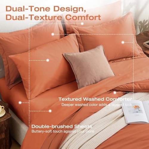 Sasttie Queen Comforter Set 7-Piece Burnt Orange, Pre-Washed Bed in a Bag