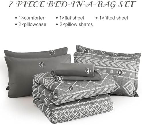 Yiran Boho California King Comforter, Grey Aztec Comforter Bedding Set, 7 Piece Bed in a Bag, Soft Microfiber Bohemian Striped Complete Bedding Set with Sheets for All Season