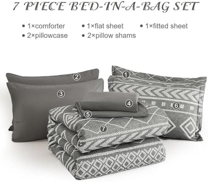 Yiran Boho California King Comforter, Grey Aztec Comforter Bedding Set, 7 Piece Bed in a Bag, Soft Microfiber Bohemian Striped Complete Bedding Set with Sheets for All Season