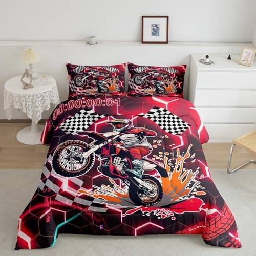 Racing Motorcycle Bedding Sets for Boys Girls,Red Neon Lights Honeycomb Comforter Set King Dirt Bike Motocross Quilt Geometric Beehive Duvet Insert,Black White Grid Lattice Buffalo Plaid Decor