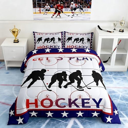 Homewish Ice Hockey Full Size Comforter Set,Hockey Sport Player Bedding Set for Adults Teens,Children Winter Extreme Sport Comforter Luxury Blue and Red Quilt Set Room Decor 3Pcs