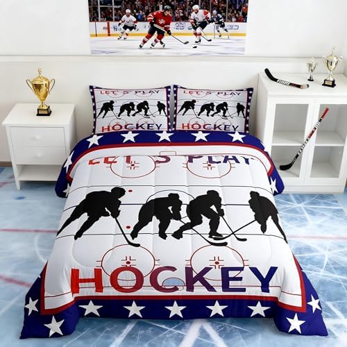 Homewish Hockey King Size Comforter Set,Kids Sports Gaming Decor All Season Bedding Set,Teens Hockey Sport Player Comforter,Girls Winter Extreme Sport Decor Quilt Set Bedroom Collection 3Pcs