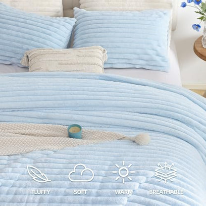 Smoofy Fluffy King Size Comforter 3 PCS - Light Blue Fleece Bedding Set