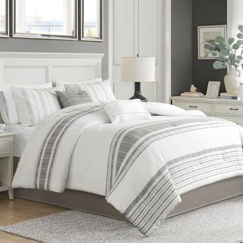 Harbor House Queen Comforter Set, Stripes Clipped Jacquard, Soft Cotton Oversized Comforter for a Queen-Size Bed, Farmhouse Bedding, 2 Shams, Bedskirt, 2 Décor Pillows, Morgan, Queen White/Grey