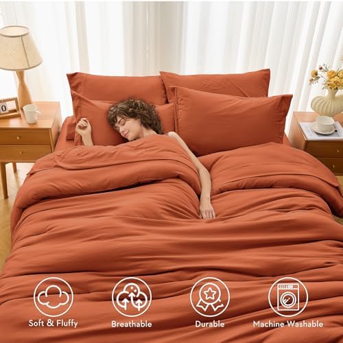 MUXHOMO 7 Pieces Oversized King Comforter Set, Soft Bed in a Bag Oversized King Size, All Season Bedding Set with Comforter, Flat Sheet, Fitted Sheet, Pillowcases & Shams, Burnt Orange